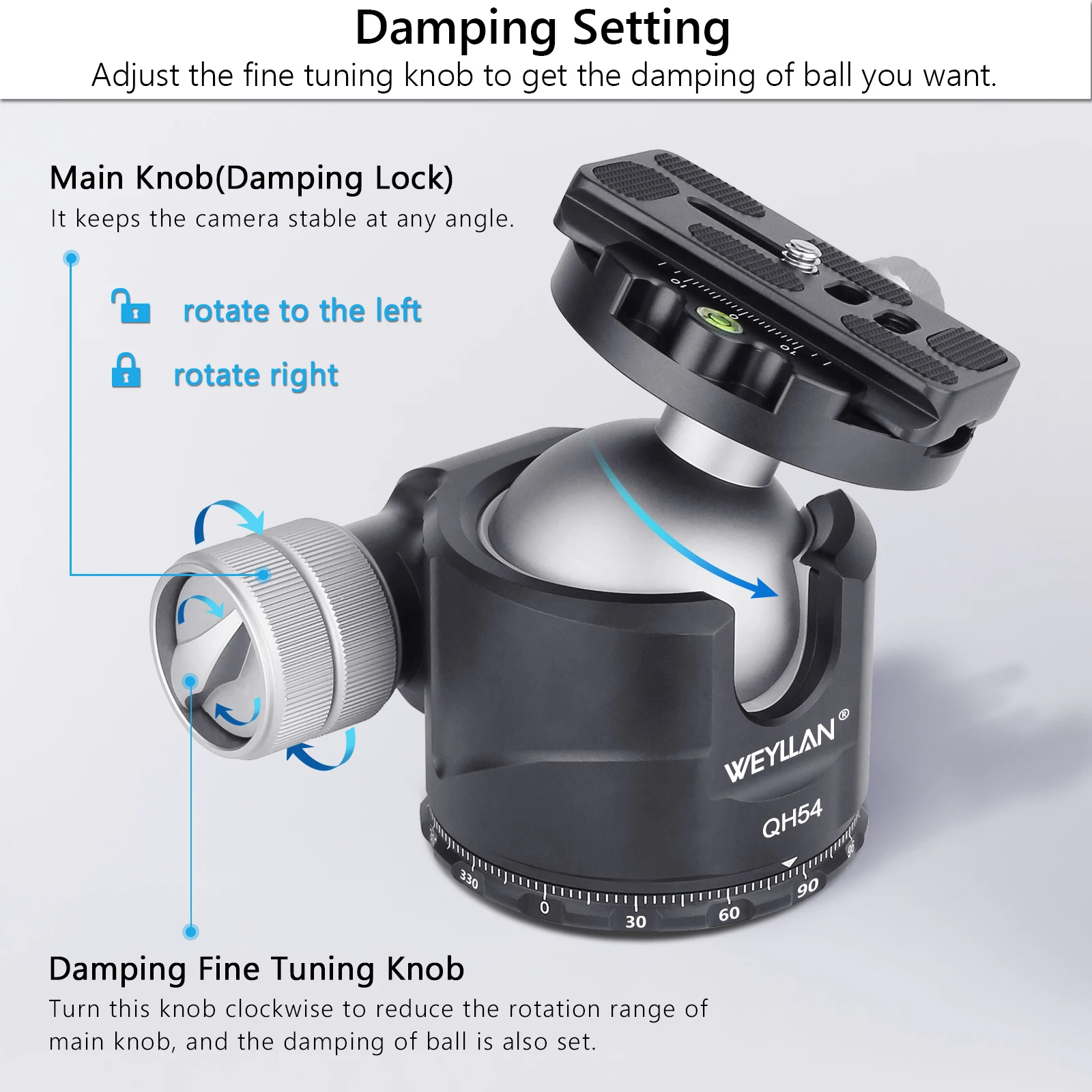 QB54 Tripod Head Professional 54mm Heavy Duty Metal Ball Head 360° Panoramic Cam