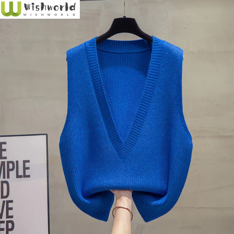 

Deep V-neck Knitted Tank Top Women's 2023 Autumn/Winter Korean Version New Loose Casual Top Versatile Sweater
