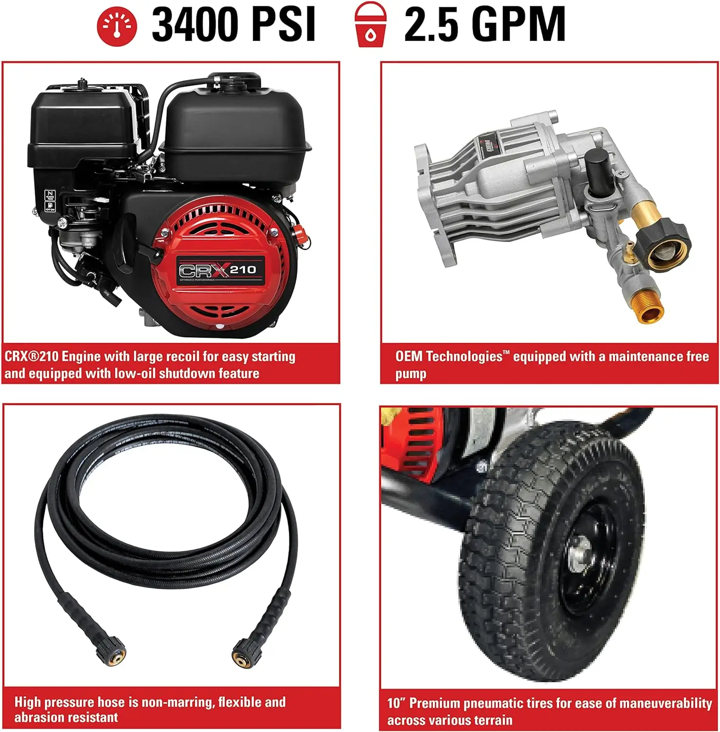 

Gas Pressure Washer, 2.5 GPM, CRX Engine, Includes Spray Gun and Wand, 4 QC Nozzle Tips, 5/16-in. x 25-ft. MorFlex Hose