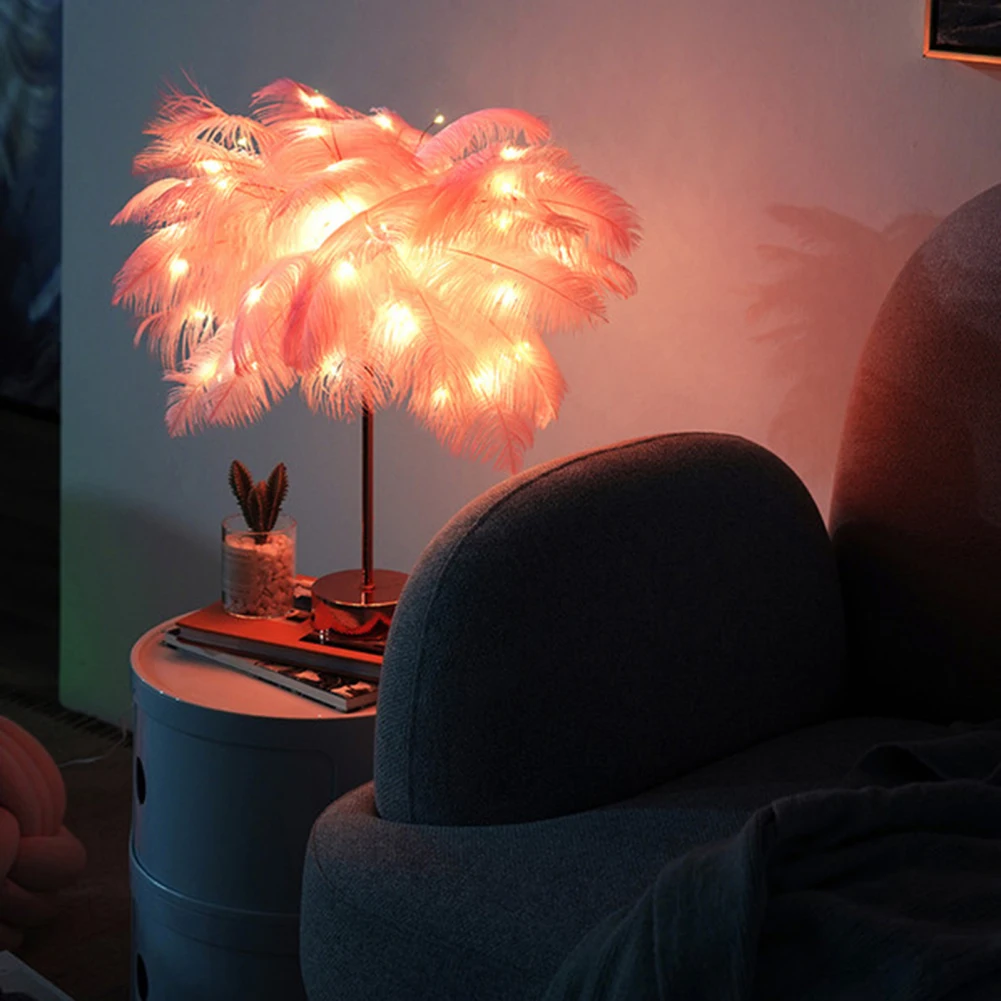 LED Feather Bedside Table Lamp led bedside lamp Bedside Bedroom Desktop Nightstand Decoration Hotel Living Room USB Three-Color Night Light