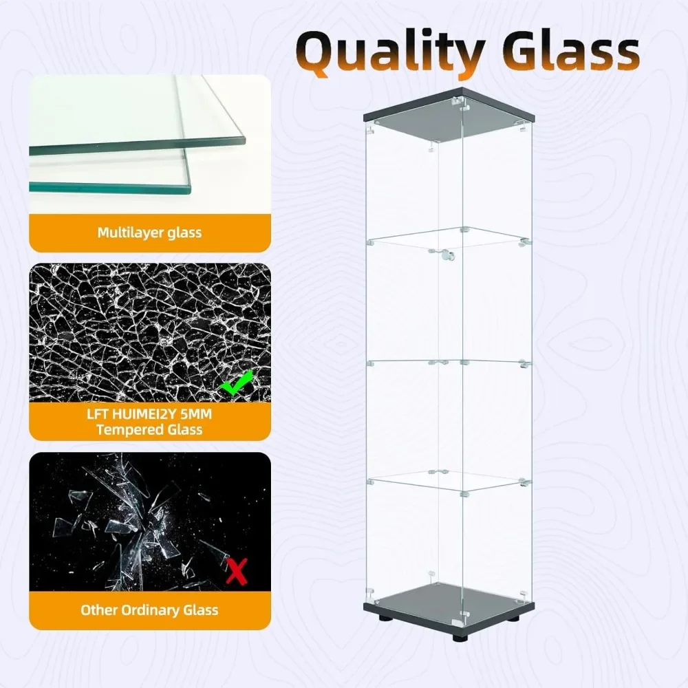 65”x17”x14” Display Cabinet with Door & Lock, Quick-Install Tempered Glass Floor Standing Bookshelf, 4-Shelf Display Cabinet 3