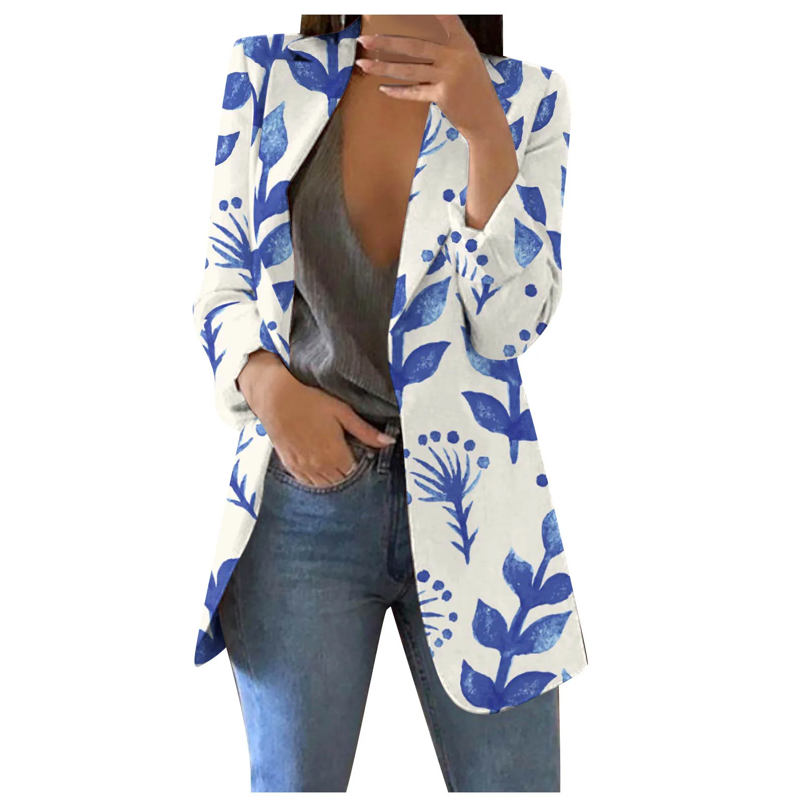 

Ladies Printed Cardigan Formal Suit Long Sleeve Lapels Business Office Jacket Coat Blouse Suit With Button&Pocket