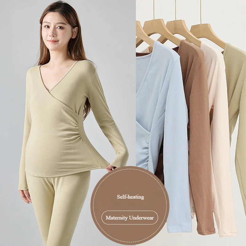 Maternity Thermal Underwear Set Nursing-Friendly Postpartum Lounge Wear Breastfeeding Pajamas Winter Nursing Top maternity nightgown set for Moms
