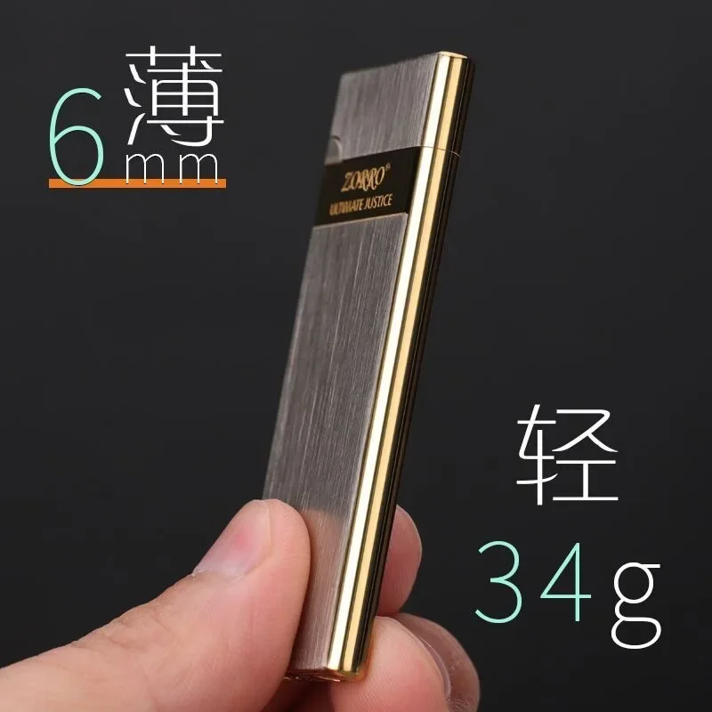 2024 New Zorro Brass Lighter Slim 5mm Inflatable Creative Grinding Wheel Portable Classic Windproof Lighter Smoking Men's Gift
