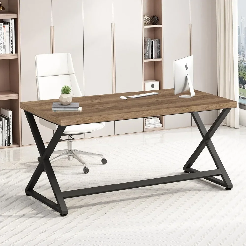 Farmhouse Work Study Writing Desk in Bedroom, Minimalist Wood Laptop Executive Workstation Computer PC Gaming Table,55 in