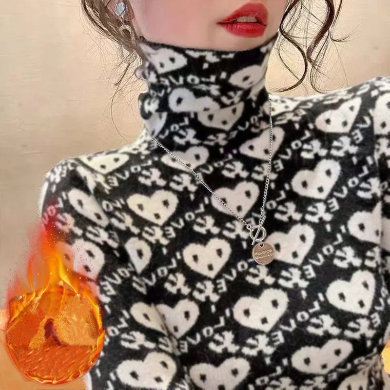 

Autumn Winter Fashion Elegant Print Plush Thick Warm High Collar Basic Top Female Casual Slim Long Sleeve T Shirt Women Clothing