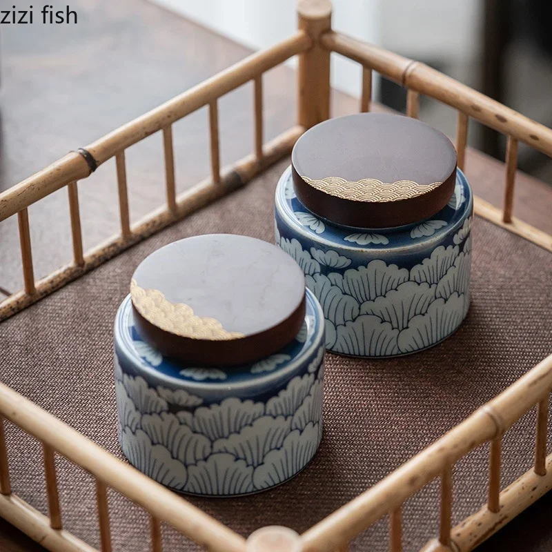 Ceramic Tea Caddy 2 Piece Set Gift Box Wooden Cover Storage Tank Sealed Jar Tea Box Container Candy Jar Can tea tin box,tea canister,ceramic storage jar