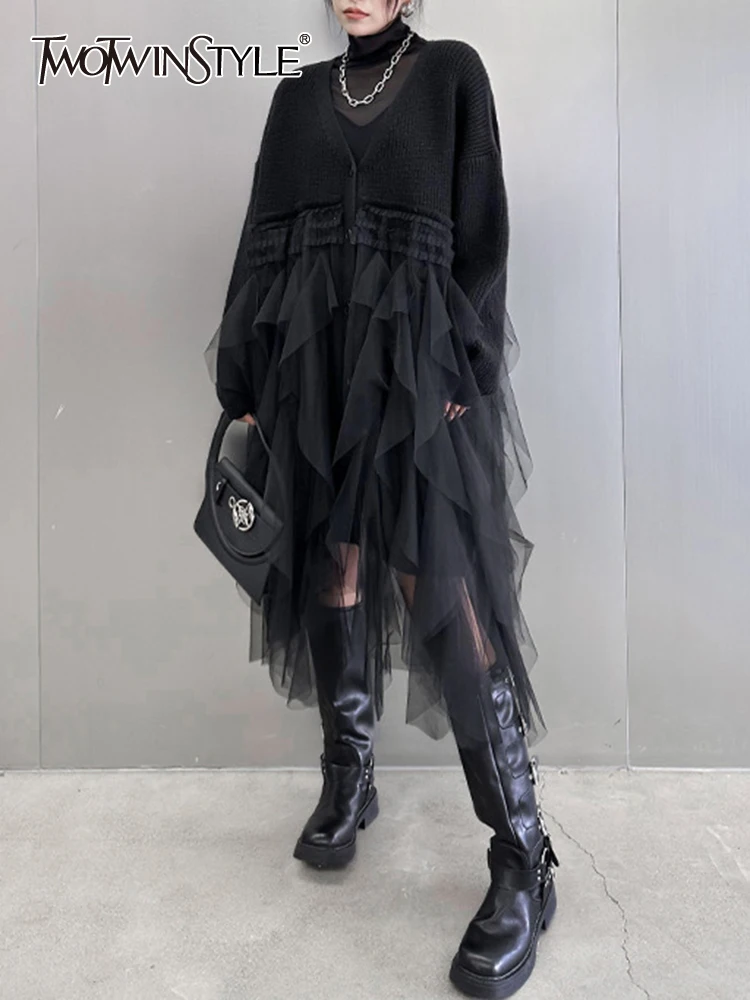 

TWOTWINSTYLE Solid Patchwork Mesh Knitted Sweaters For Women V Neck Long Sleeve High Waist Spliced Single Breasted Dress Female