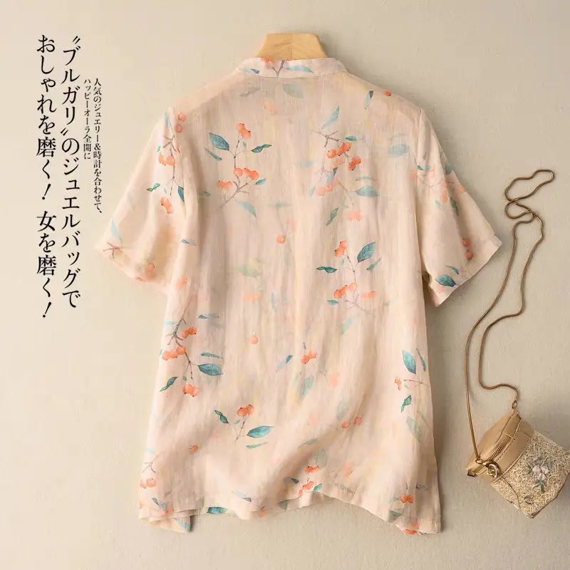Stand Collar Retro Buckle Floral Print Cheongsam Top Women Summer Short Sleeve Vintage Chinese Style Blouses Ladies Loose Shirt