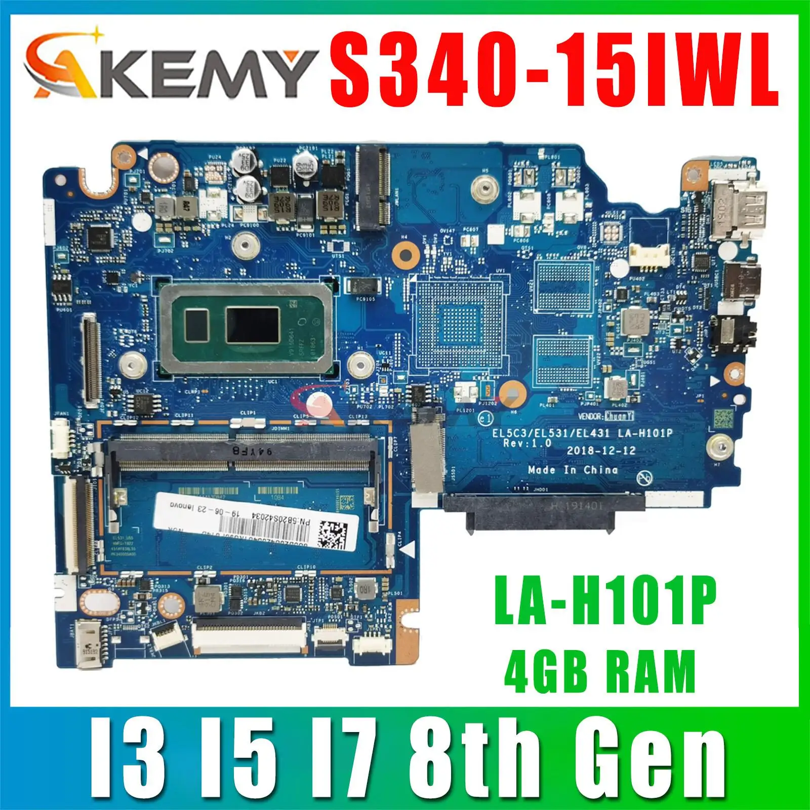 

EL5C3/EL531/EL431 LA-H101P For Lenovo S340-15IWL Laptop Motherboard With i3-8145U i5 i7-8565U 4GB-RAM Fru:5B20S42042