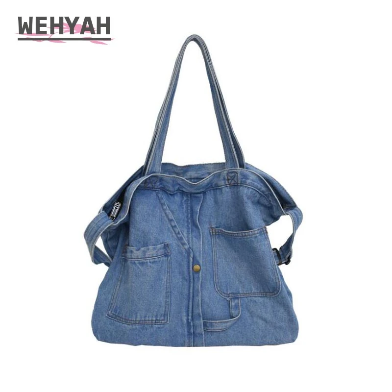 bolsas de de mezclilla para hombre, bolso de hombro informal Unisex de estilo japonés, bolso de mano escolar, bolso de Jeans grande, sólido ZY159| | - AliExpress