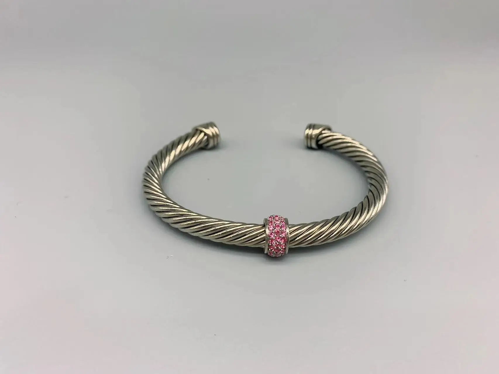 Le Han Jewelry Silver Cable Middle Station Bracelet With Pink Cubic Zirconia 5mm