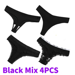Mix 4PCS Black Cotton Thongs Women Lace Letter Random Sexy Low Waist Women's Panties Sexy Lingerie Ladies T-back G-strings Hot