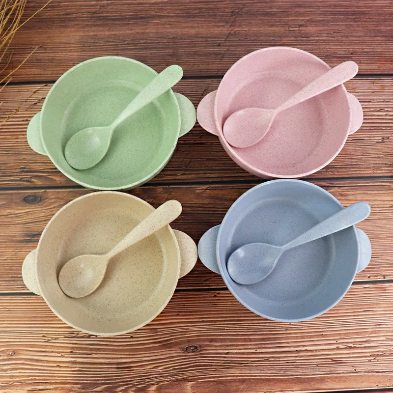 Eco-Friendly Wheat Straw Bowls Spoon Reusable Baby Children's Dishes Kitchenware Bowl Home Kitchen Dinnerware Supplies 1pcs baby tableware set