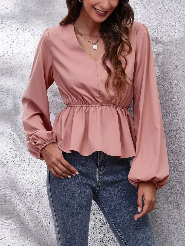 

2023 Autumn V Neck Pink Shirt Women Fashion Long Sleeve Shirt Ladies Loose Button Up Shirt For Women