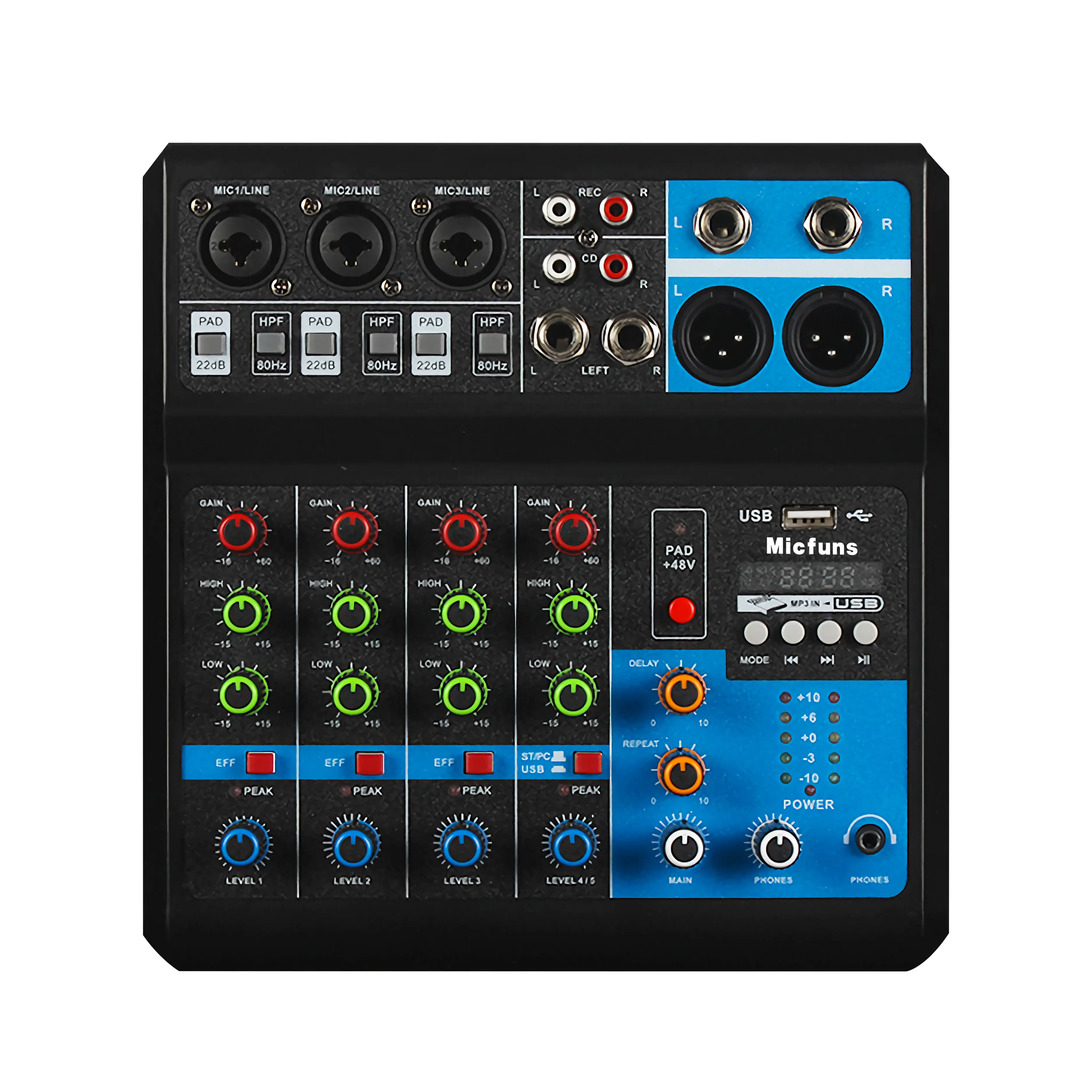 Micfuns 5channel 48v Phantom Power Audio Effect Mixer Sound Console