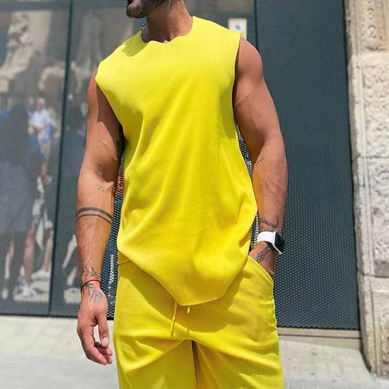 

2024 Summer Casual Mens Clothing Sleeveless O Neck Tank Tops And Shorts Suits Men Fashion Solid Color Loose Vest Two Piece Sets