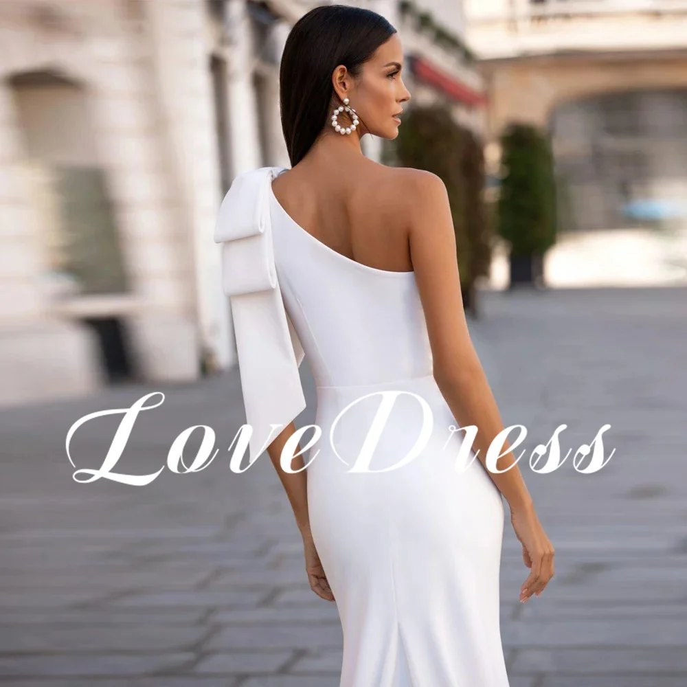 Love Simple One Shoulder Big Bow Meimaid Stain Wedding Dress Elegant Sleeveless Floor Length Backless Bridal Gown Robe de mariée