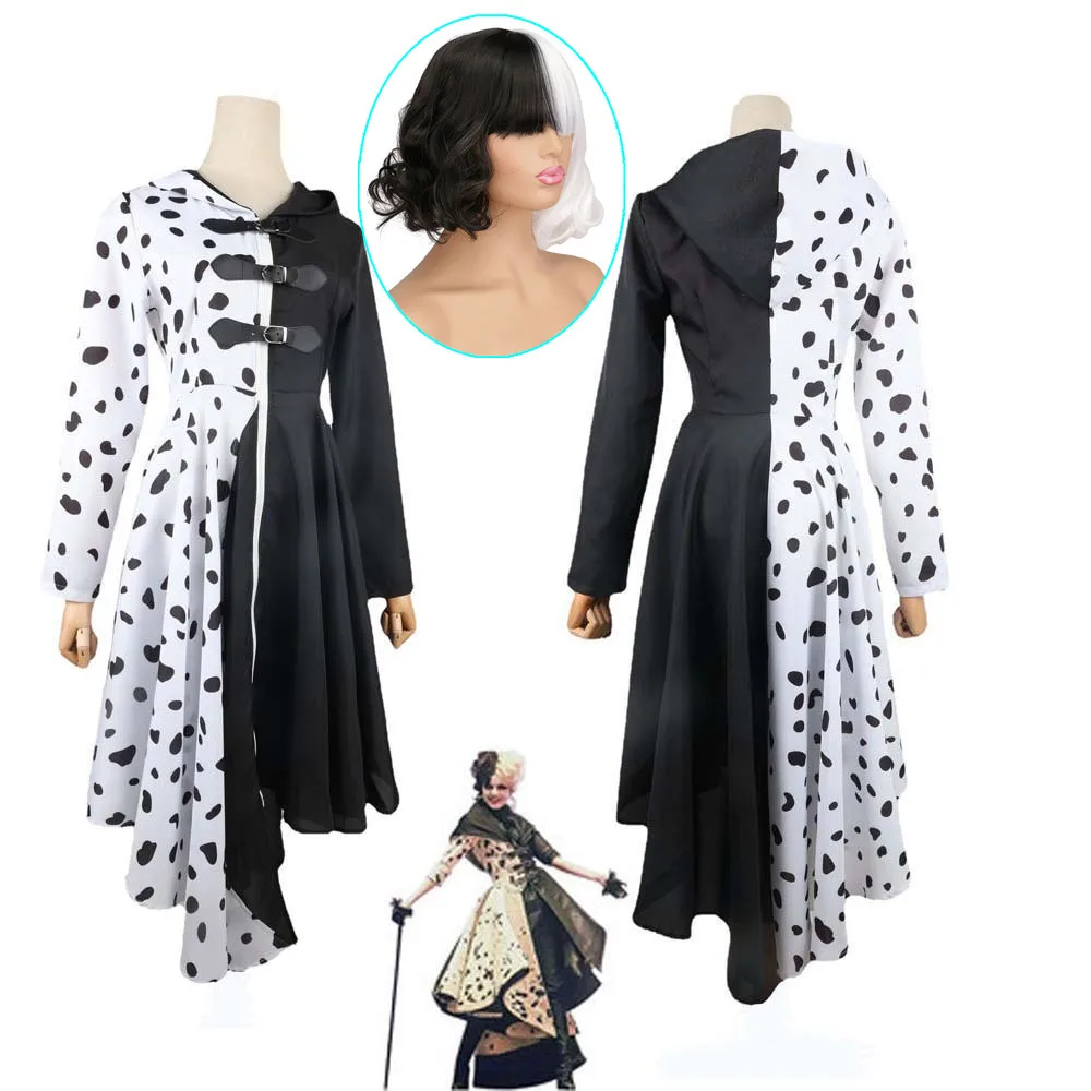 

Anime Cruella Cosplay Costume Dress Outfit Cloak With Gloves Halloween Carnival Suit Cruella De Vil Costume For Adult Women