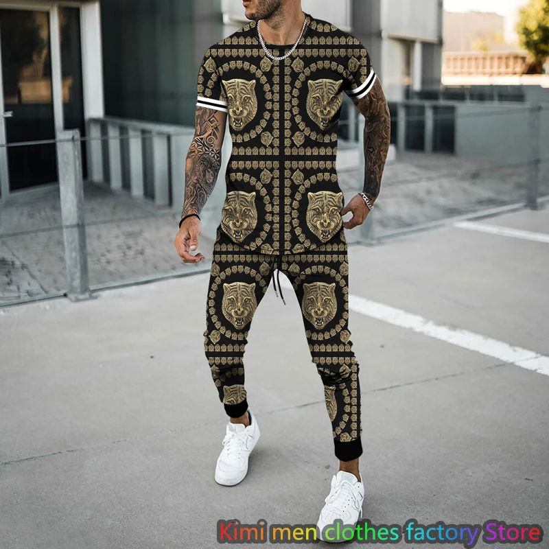 Retro Men tshirt set Summer Streetswear 3D Printing Tracksuits Male Short Sleeve T Shirt Long Pants Setup 2 Piece Sets Outfits