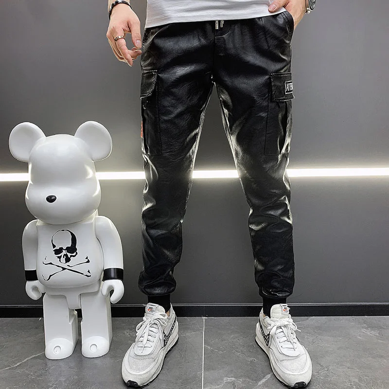 Description Picture 6 of itemThickened Camouflage Leather Pants Hip Hop Large Pocket Casual Leather Pants Men's Elastic Waist Leather PU Pant Motorcycle Pant