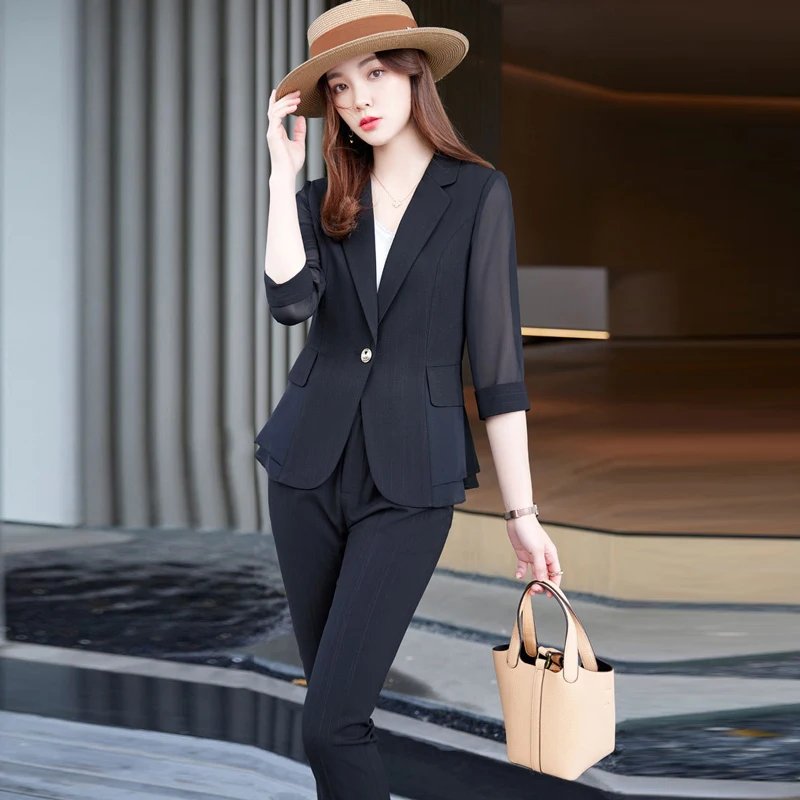 

2023 New High Quality Elegant Blazer Women Suit 2 Piece Set Casual Slim Summer Female Jacket All-match Fashion Cropped Pants
