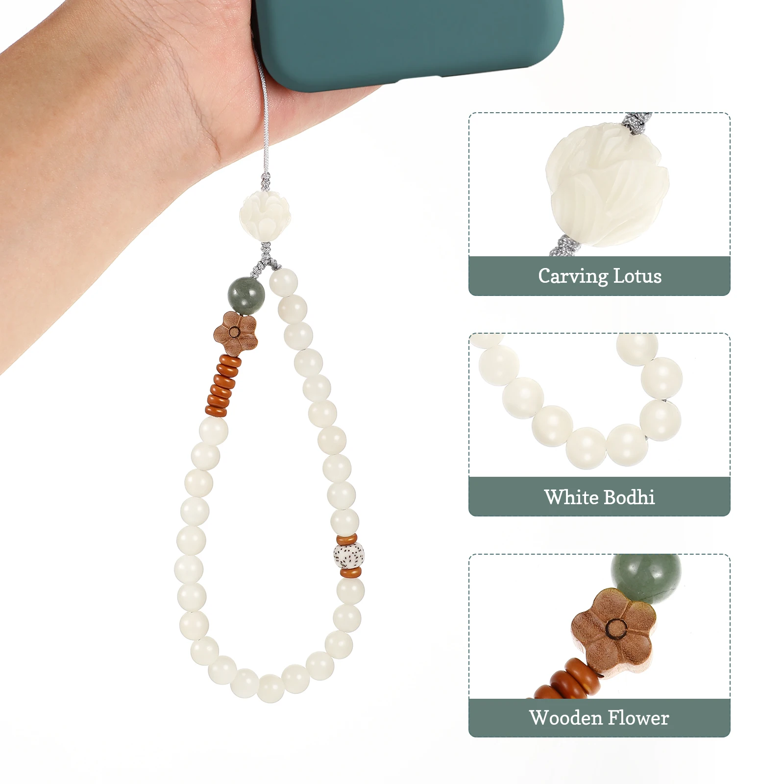 UKCOCO White Jade Bodhi Phone Short Chain Creative Phone Lanyard Bracelet Phone Strap Decoration Wrist Chain Chinese Style
