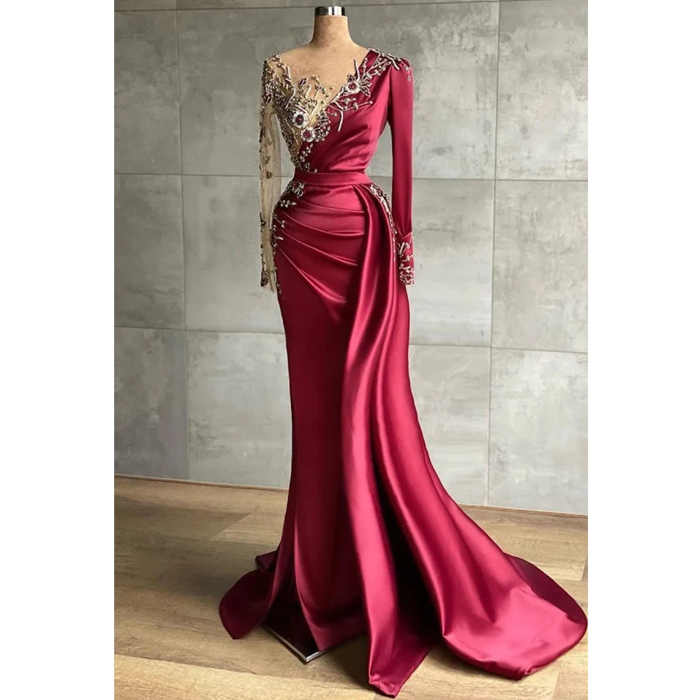 Women's Mermaid Evening Dress - Double V Neck Satin Formal Gown With Train, Prom & Party - View #11