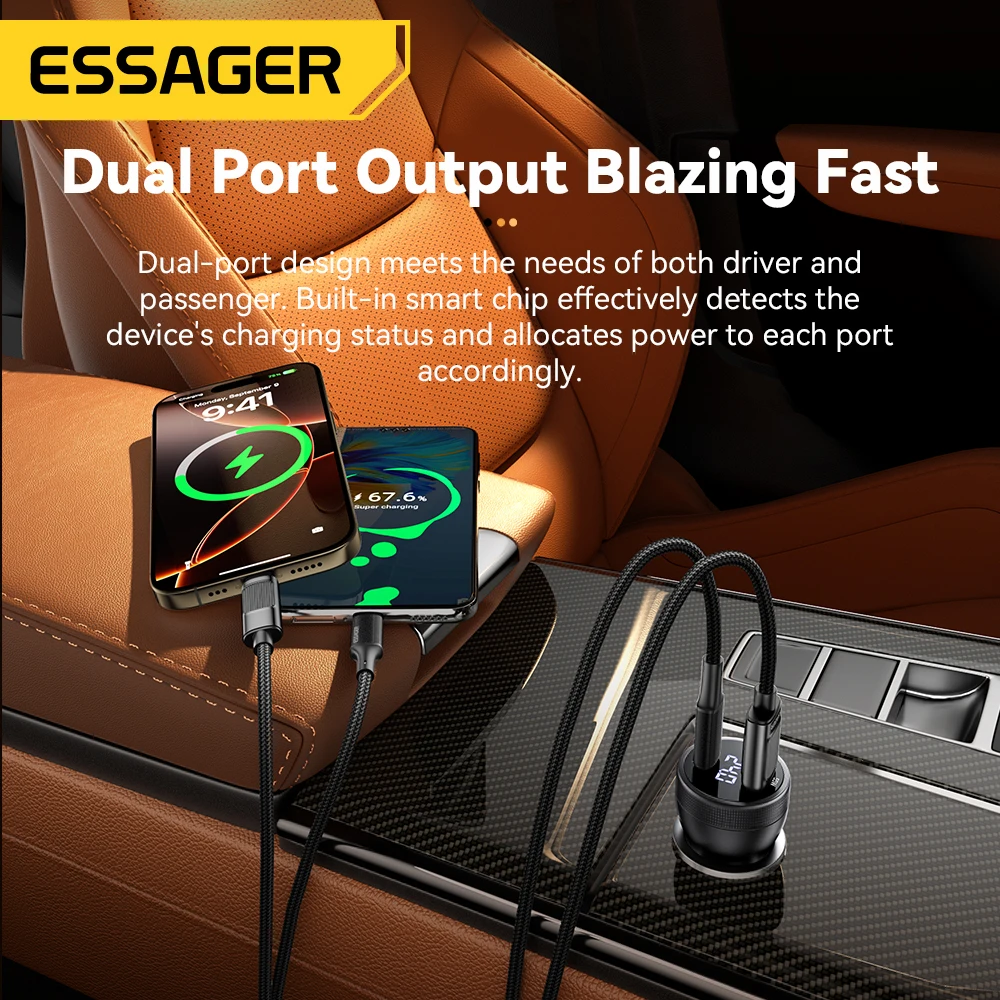 Essager 100W USB C Car Charger PD3.0 Fast Charging Quick Charge 4.0 Adapter for iPhone 16 MacBook Xiaomi Laptop Digital Dispaly