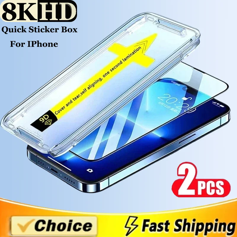 

8K High End Tempered Glass For iPhone 15 13 12 11 Pro Max XS MAX 14 Plus HD Screen Protector With Alignment Mounting Cover