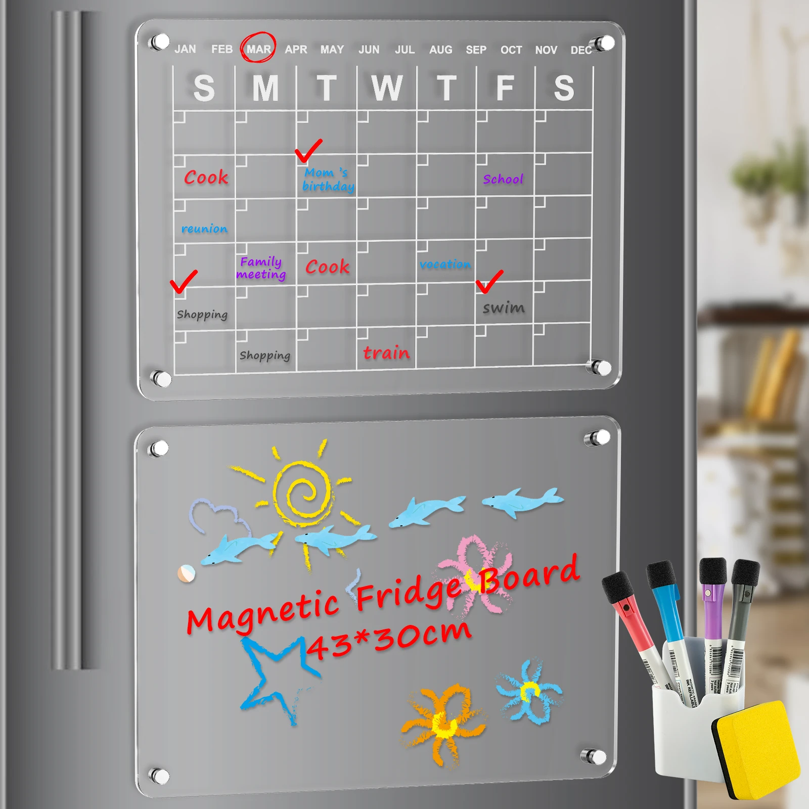 

Acrylic Magnetic Calendar Set with 4 Markers Pen Holder Reusable Magnetic Dry Erase Board Clear Acrylic Fridge Board Calendar