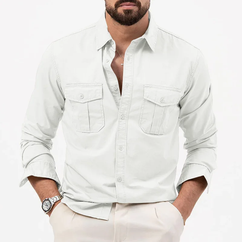 2024 summer Europe and the United States vintage cargo men's advanced multi-pocket solid color leisure sports long-sleeved shirt