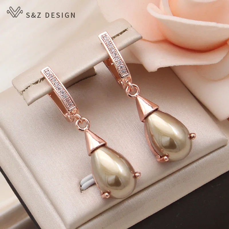 S&Z DESIGN New Fashion Vintage Water Drop Simulated-pearl Dangle Earrings For Women Wedding 585 Rose Gold Color Jewelry Gift