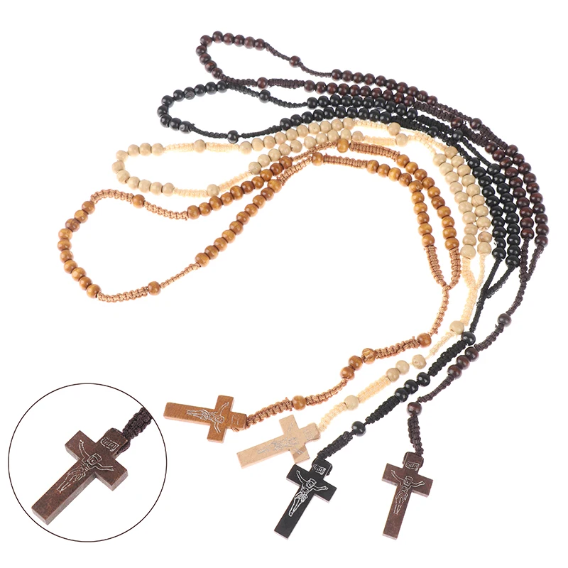 1Pc Christ Jesus Wooden Beads Rosary Bead Cross Pendant Catholic Cross Necklace Souvenirs Gifts catholic rosary necklace wood cross religious ritual accessories
