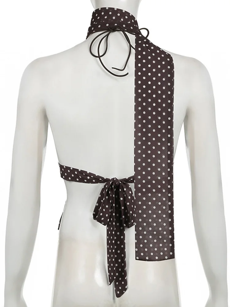 Summer Y2K Women's Sleeveless Vest Polka Dot Print Spaghetti Strap Camisole with Scarf Vintage Streetwear Top 6