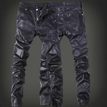 YASUGUOJI New 2025 Outdoors Pu Leather Pants Men Brand Fashion Skull Tag Patchwork Mens Skinny Motorcycle Leather Jeans Men 1