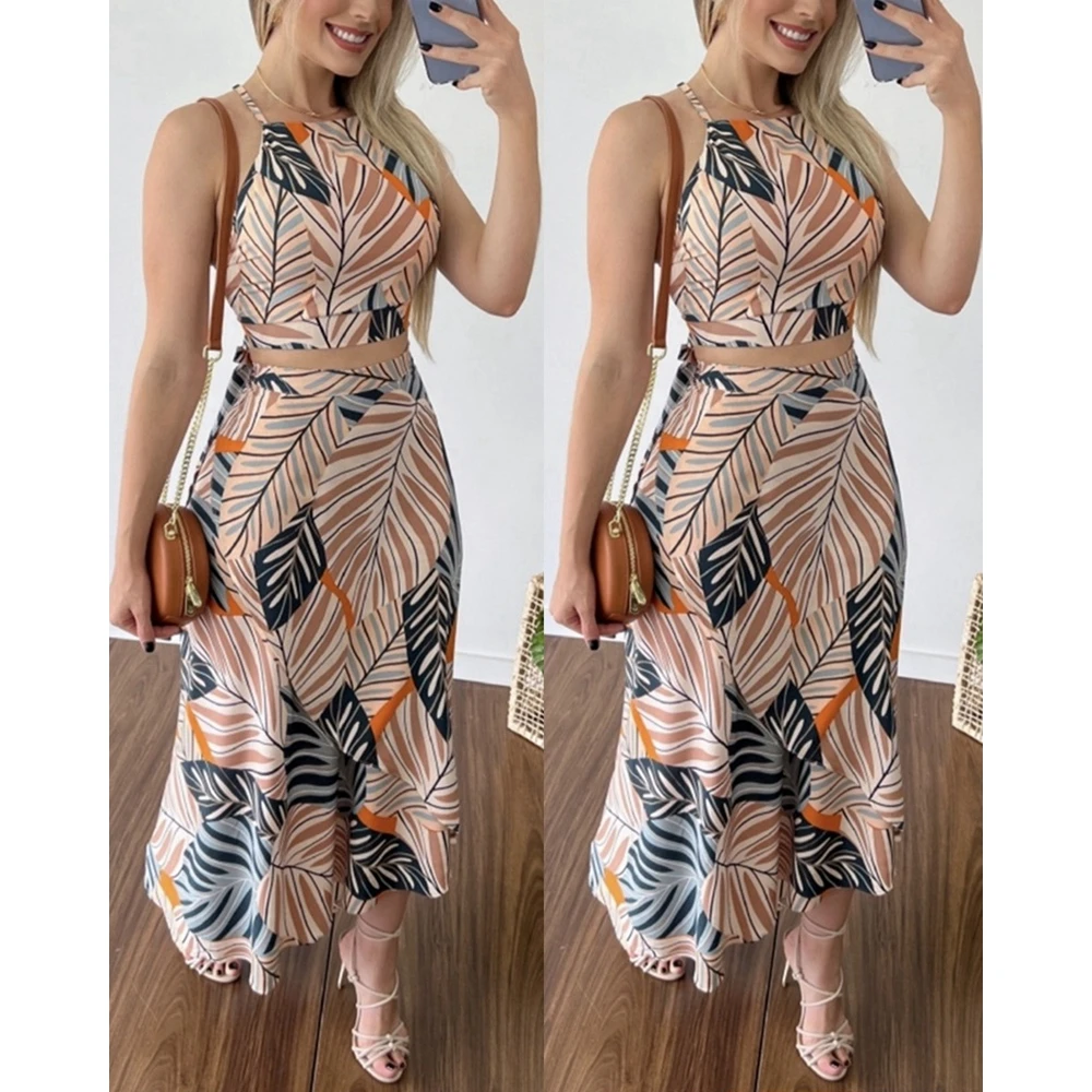 Summer Two Piece Set Women Dress Sets Floral Print Spaghetti Strap Vest Top & Lace-up Midi Skirt Sets Beach Outfits Suit Femme ensemble femme homewear set casual pajamas ribbed spaghetti strap vest