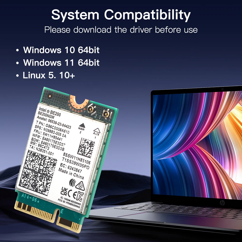 Adaptador de Rede sem Fio 8774mbps Be200 Wifi M.2 Bluetooth 5.4 Intel Be200ngw Cartão Tri Band 2.4 6ghz - Imagem 6