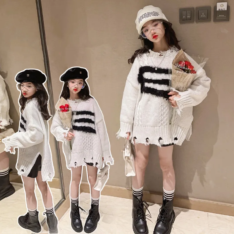 

Lazy Style Sweater for Girls Broken Holes Knitwear White Knits Mid-Long Sweater Dress Children's Spring tassels Pullover Shirts