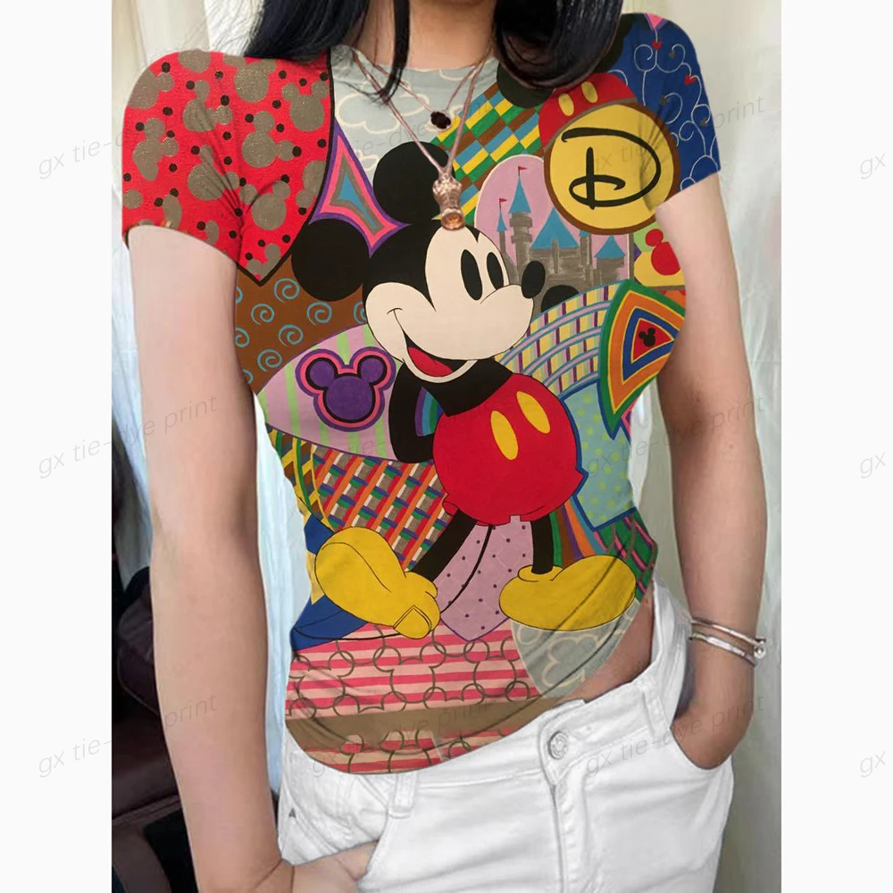 thumbnail image 1 of Camisetas de manga corta con cuello redondo y doble forro para mujer de Mickey Mouse, camisetas básicas, colección Smoke Cloud Pro, 1 of 5