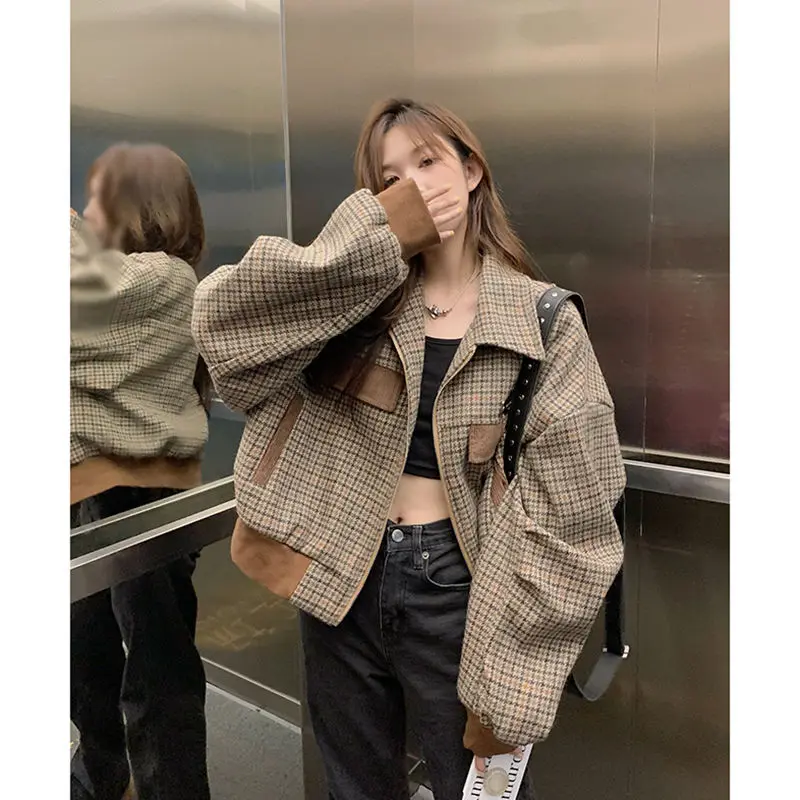 Vintage Houndstooth Coat Women Baseball Cropped Tops Zipper Patchwork Long Sleeve Jacket Plaid Short Winter Female Outwear