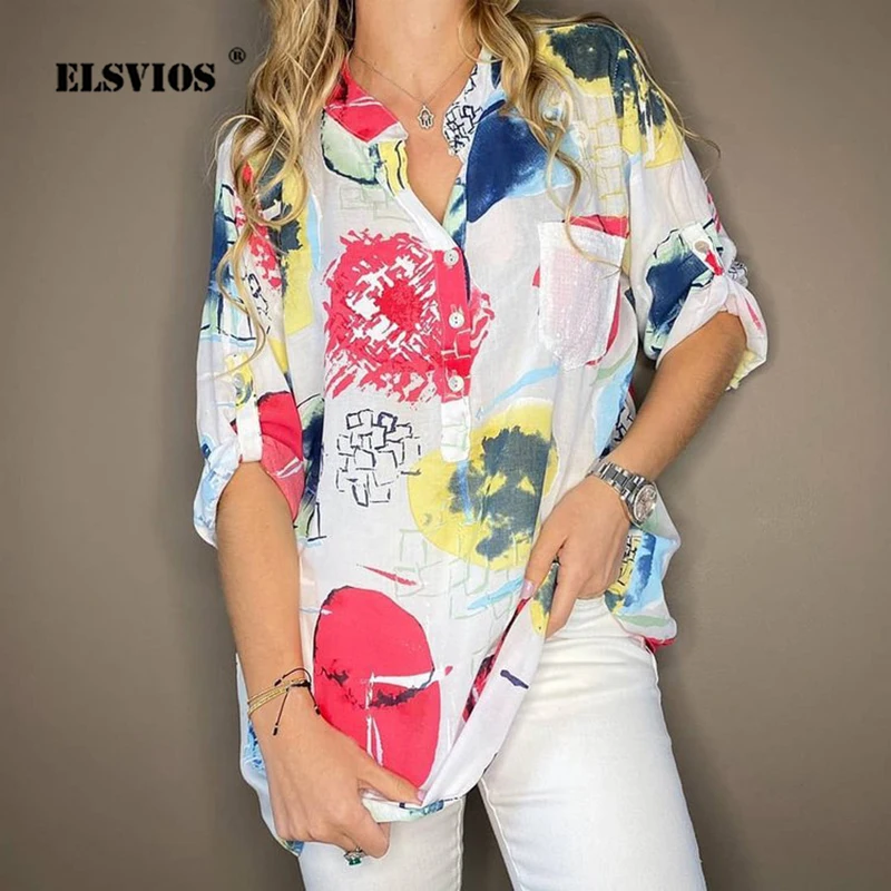 

Рубашка женская с длинным рукавом и карманами, модный Повседневный пуловер на пуговицах, с принтом и V-образным вырезом, элегантная Деловая блузка для женщин, осень