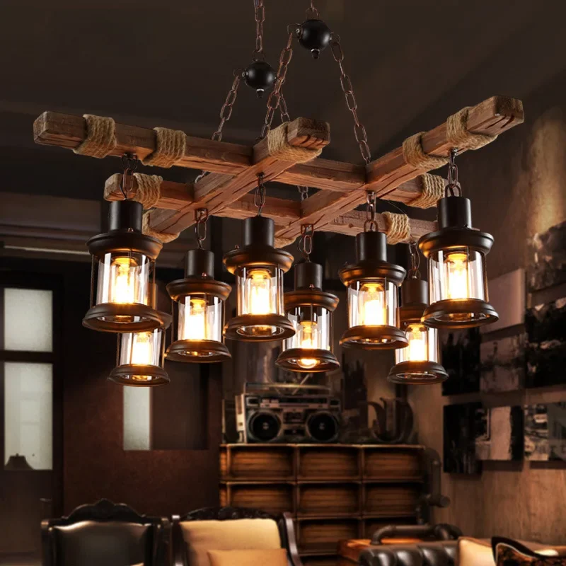 

American Rustic Retro Ship Wood Chandelier Industrial Style Creative Nostalgic Bar Decoration Coffee Restaurant Wood Lamps