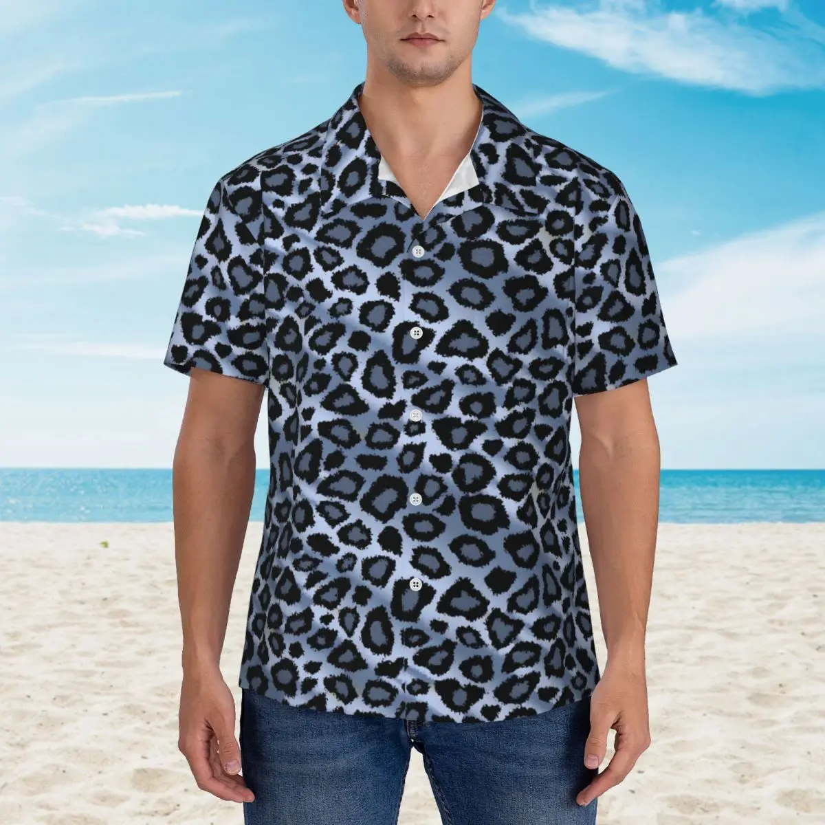 

Повседневная рубашка с леопардовым принтом животных, синие и серые Элегантные Гавайские рубашки, мужские пляжные модные дизайнерские блузки большого размера с коротким рукавом