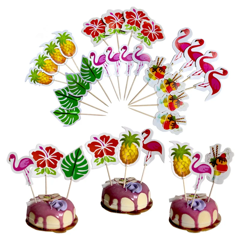 24Pcs Cake Insert Card Table Dessert Decoration Stuzzicadenti Hawaiani Con Flamingo Palm Leaves Shape Summer Beach Party Decor