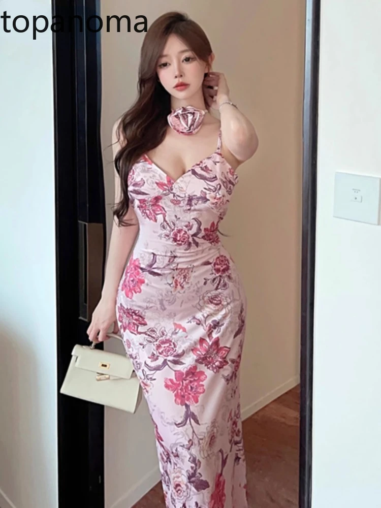 

Topanoma женские Вечерние Платья с цветочным принтом, без рукавов, V-образный вырез, тонкий, с открытой спиной, для свадьбы, дня рождения, коктейльное платье, сексуальное женское