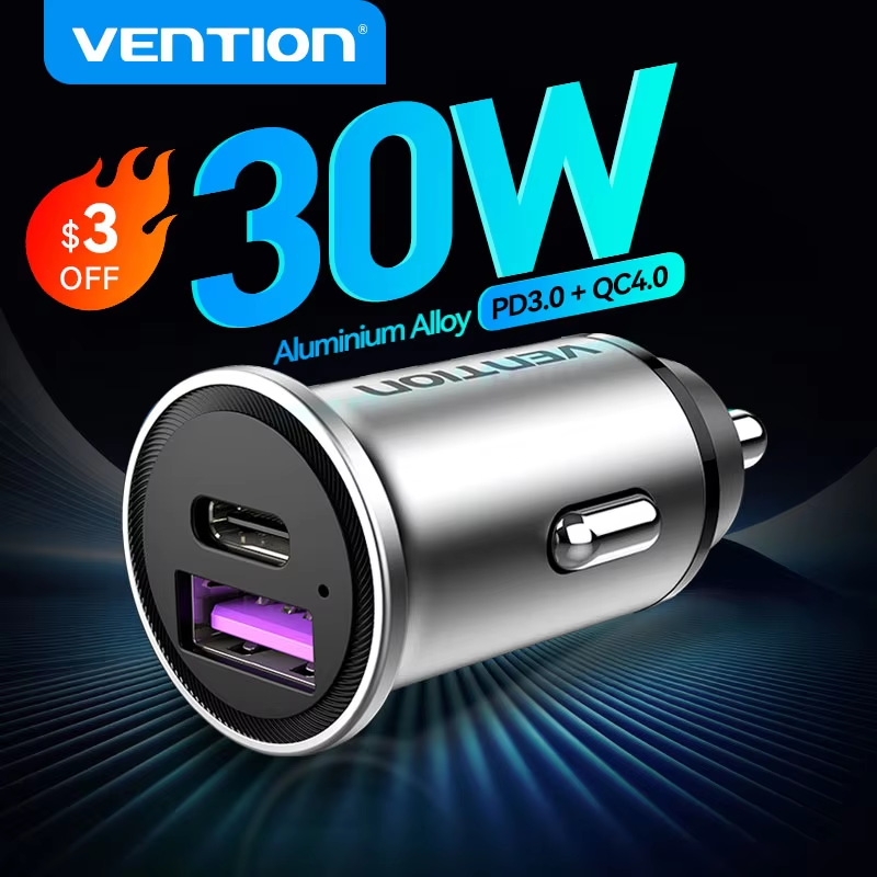 Vention Car Charger Quick Charge SCP QC4.0 QC3.0 USB Type C PD Car Fast Charging For Xiaomi Huawei iPhone Samsung Phone Charger