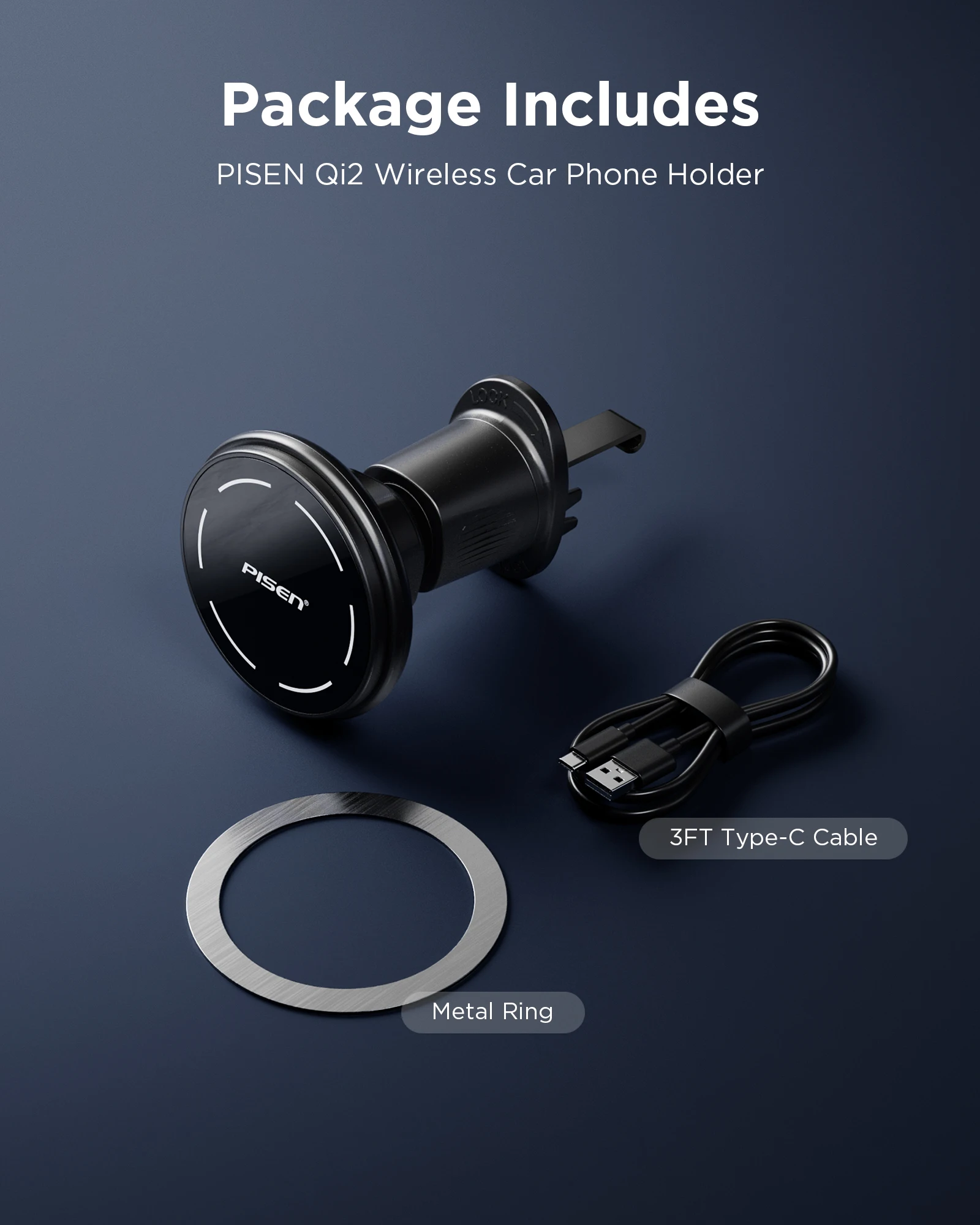 PISEN Car Mount Charger Qi2 15W Magnetic