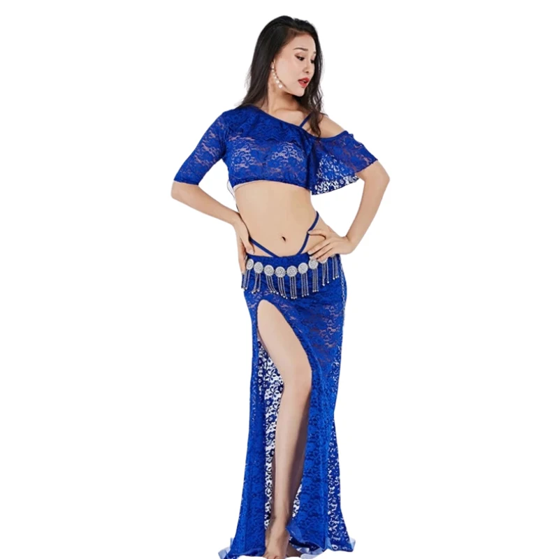 

2 Pieces Women Belly Dance Costume Lace Top Long Skirt Sexy Outfits Dancewear Elastic Off shoulder Dancing Clothes Dancer Wear