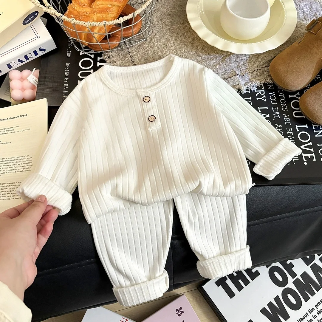 2Pcs Baby Ribbed Pajama Set Long Sleeve Buttoned Top and Pants Outfit Toddler Boys Girls Soft Cotton Sleepwear for Spring Autumn